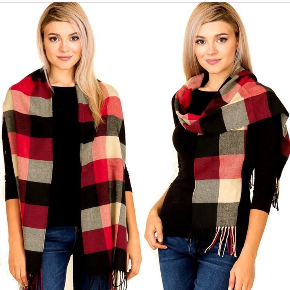 Plaid Print Oblong Tassel Scarf